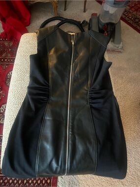 Basler Black Sleeveless Faux Leather Zip Front Dress Coat